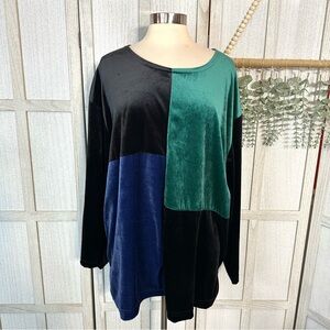 3/$22🩶 Vtg 90’s Velour Color Block Green Blue Black Top Shirt Plus Size 22 / 24